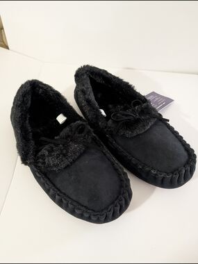 Women's Black Rock Dove Faux-Suede Fur-Lined Moccasin Slippers